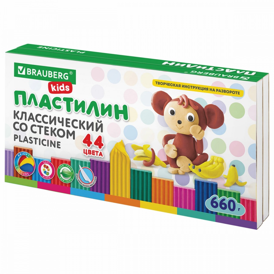 

Пластилин 44 цвета Brauberg Kids, 44 цвета, 660г, со стеком (106679), 5 уп., Разноцветный