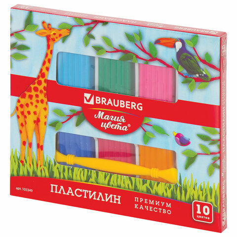 

Пластилин 10 цветов Brauberg, 250г со стеком (103349), 5 уп., Разноцветный