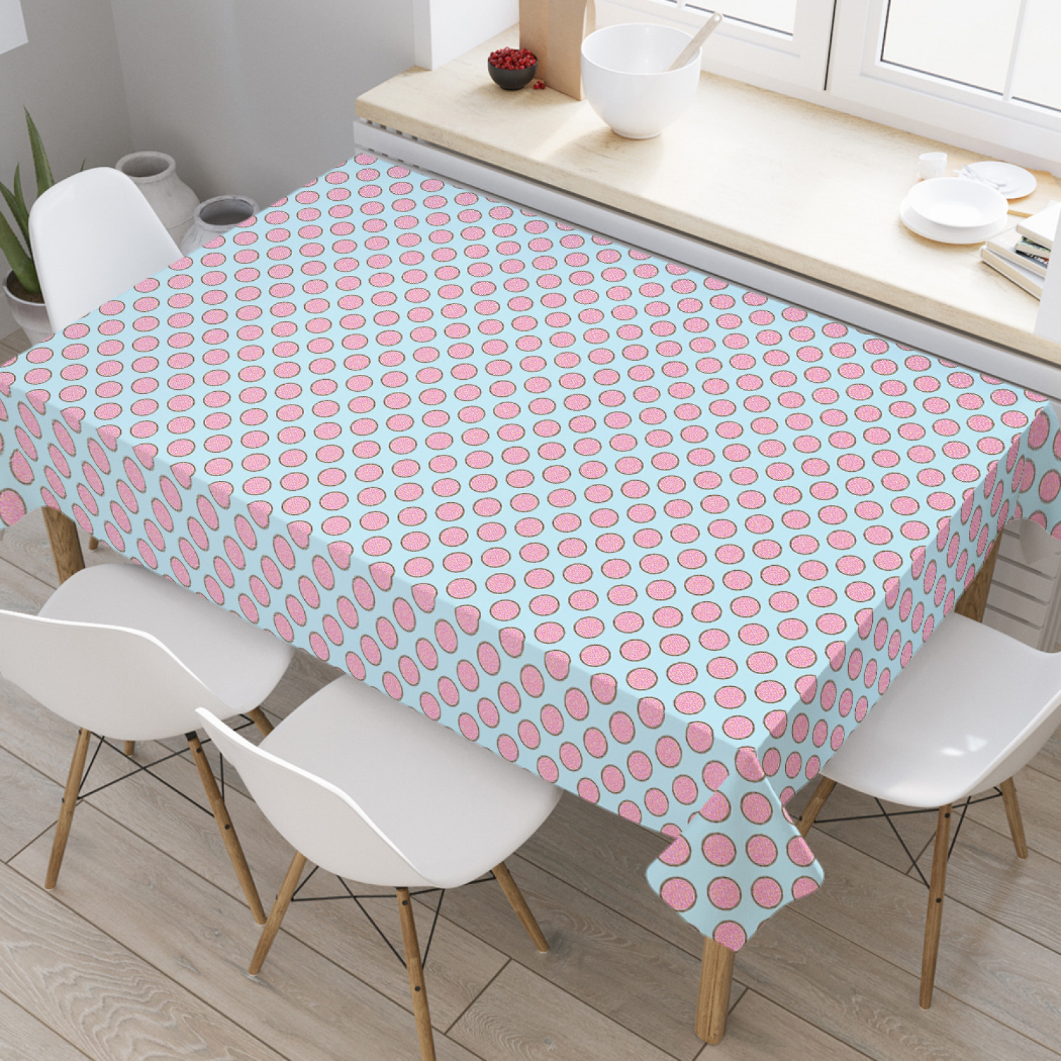 

Скатерть прямоугольная JoyArty "Контурный горошек" из оксфорда, 180x145 см, Розовый, Контурный горошек