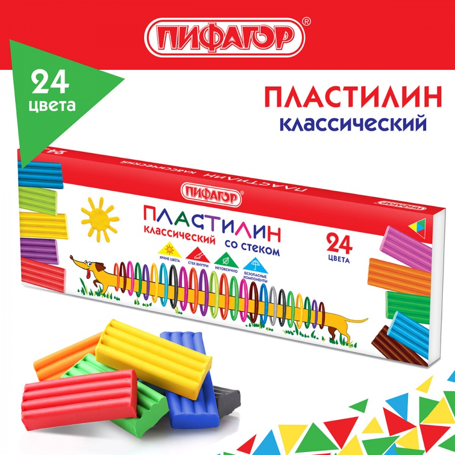 

Пластилин 24 цвета Пифагор "Веселая такса", 360г, со стеком (106676), 16 уп., Разноцветный