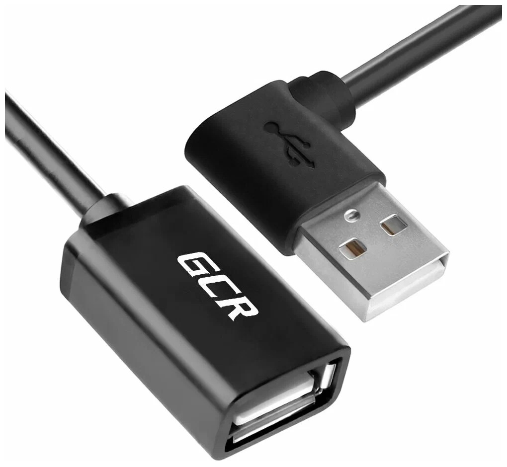 GCR Удлинитель 0.15m USB AM угловой левый/AF, черный, 28/28 AWG, морозостойкий