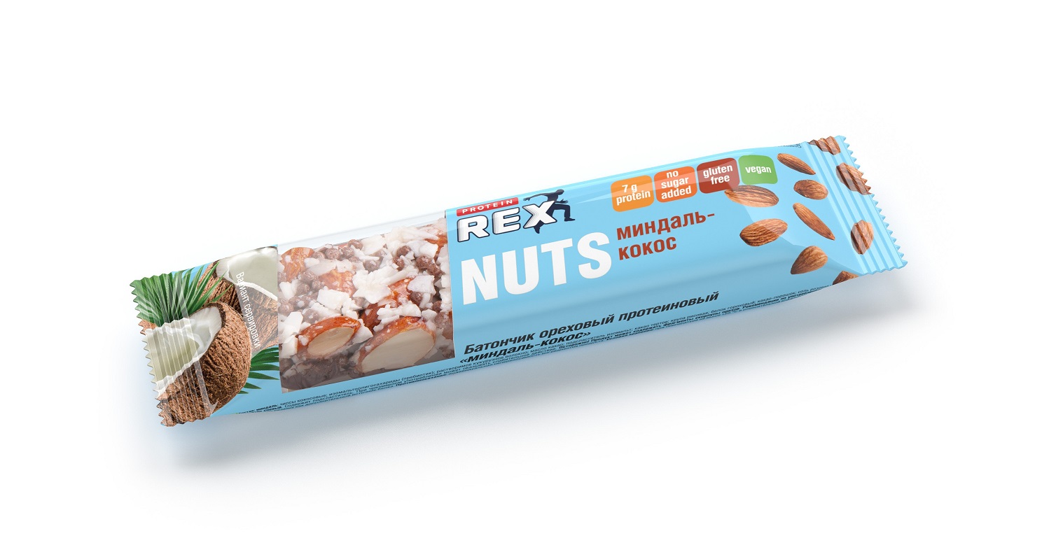 Батончик ProteinRex Nuts протеиновый, без сахара, миндаль-кокос, 40 г