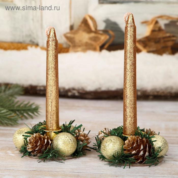 Свеча новогодняя с подсвечником Шишки и шарики набор 4 шт 35х11х15 см золото 691₽