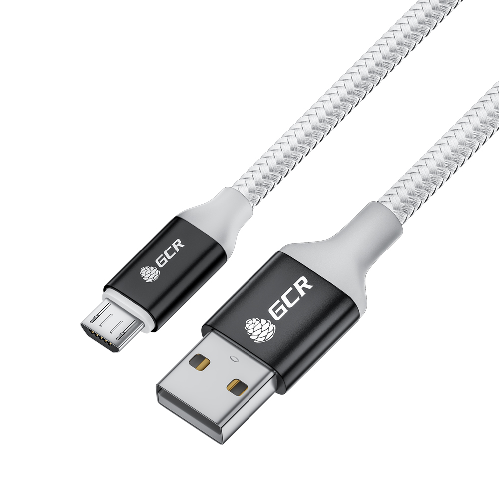 фото Кабель gcr qc 0.5m microusb, быстрая зарядка, белый нейлон, al корпус серебро, белый пвх