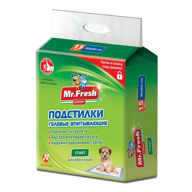 

Пеленки для кошек и собак одноразовые Mr.Fresh Start Expert 60 x 40 см, 15 шт, Белый, Start Expert