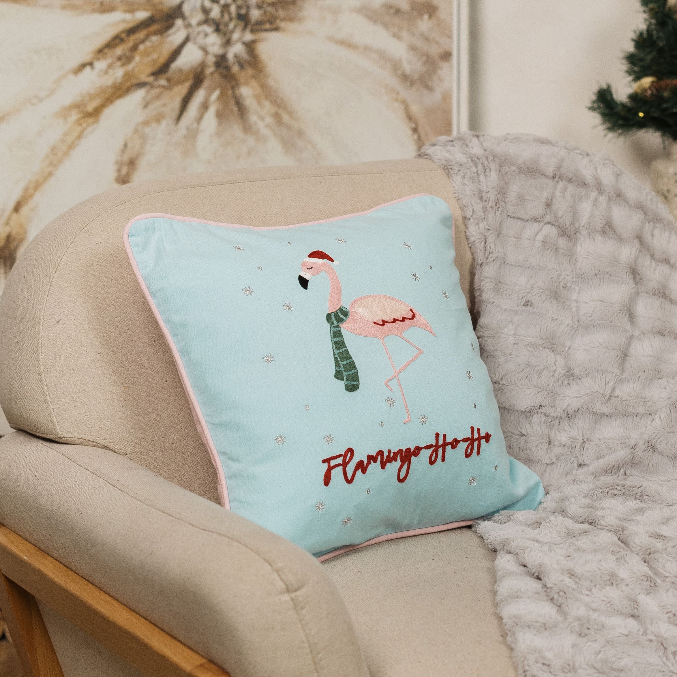 

Наволочка декоративная новогодняя 45x45 Flamingo-Ho-Ho, Голубой, Чехол для подушки НГ