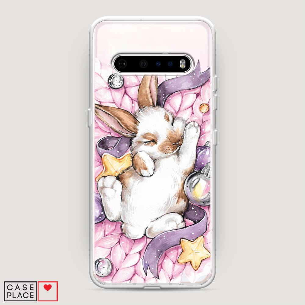 

Чехол на LG V60 "Кролик спит", Розовый;белый, 84250-5