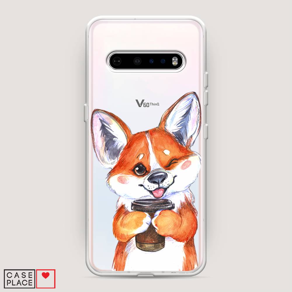 

Чехол на LG V60 "Корги с кофе", Оранжевый;белый, 84250-4