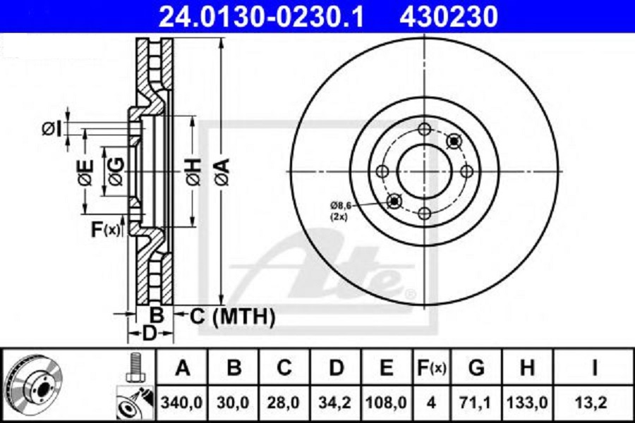 фото Диск тормозной передний peugeot 308 cc/308 i 10>14 citroen ds4/ds5 11>15 ate 24013002301