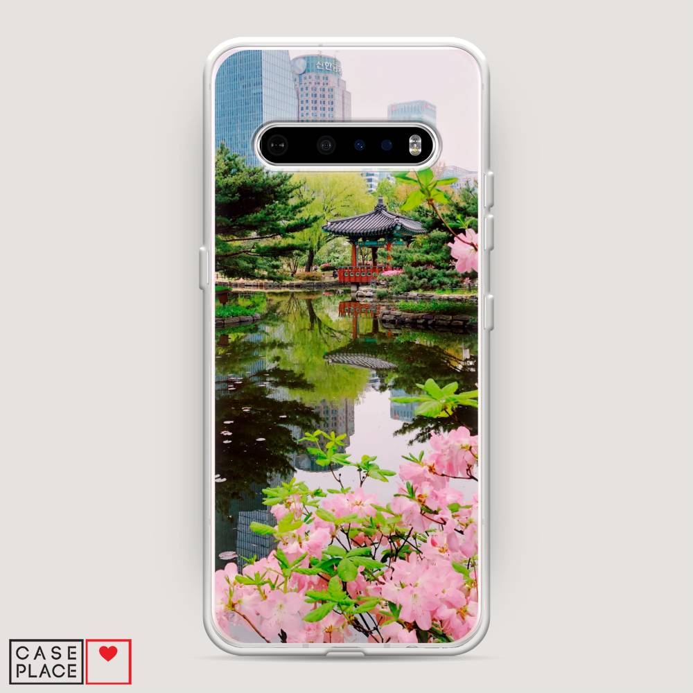 

Чехол на LG V60 "Сакура возле озера", Зеленый;розовый;голубой, 84250-2