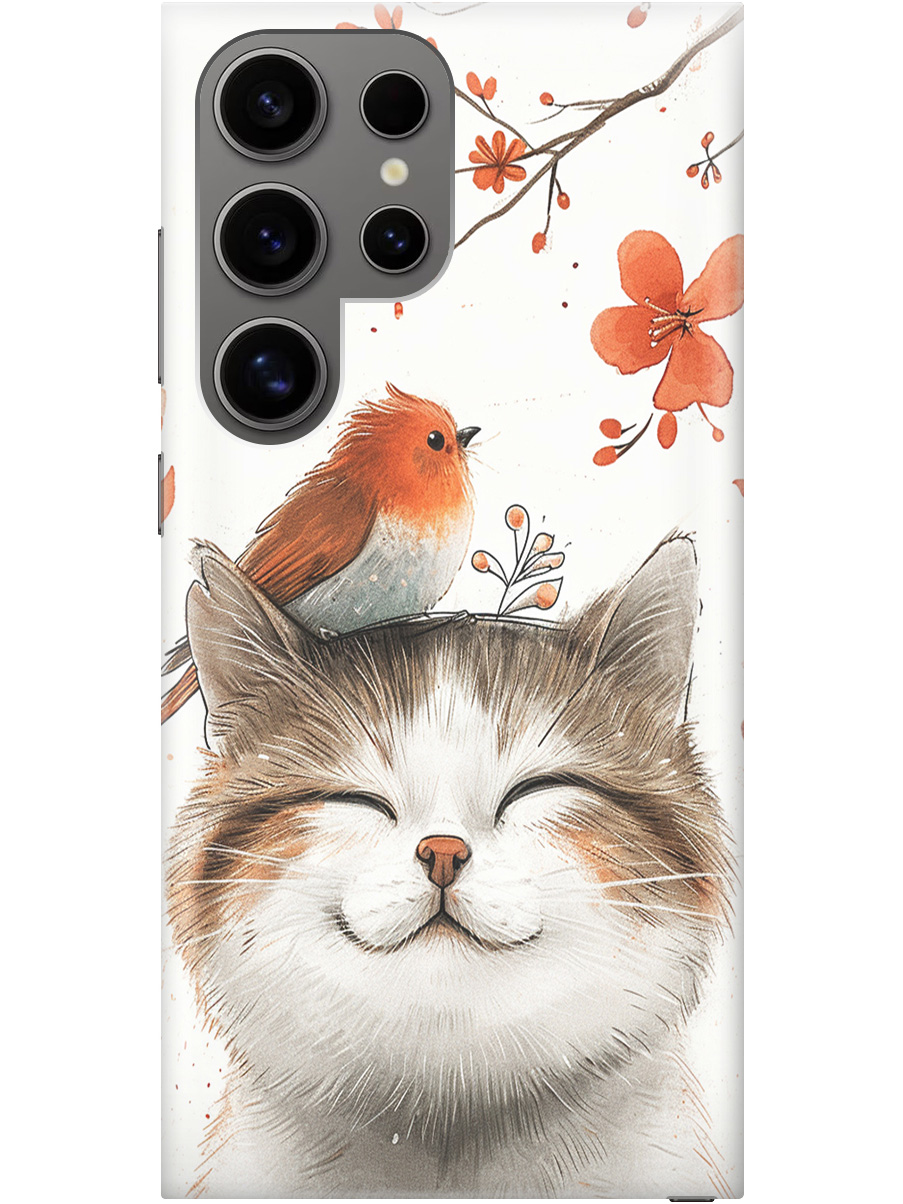 

Силиконовый чехол на Samsung Galaxy S24 Ultra с принтом "Довольный котик и птичка", Прозрачный;белый;красный, 779823511