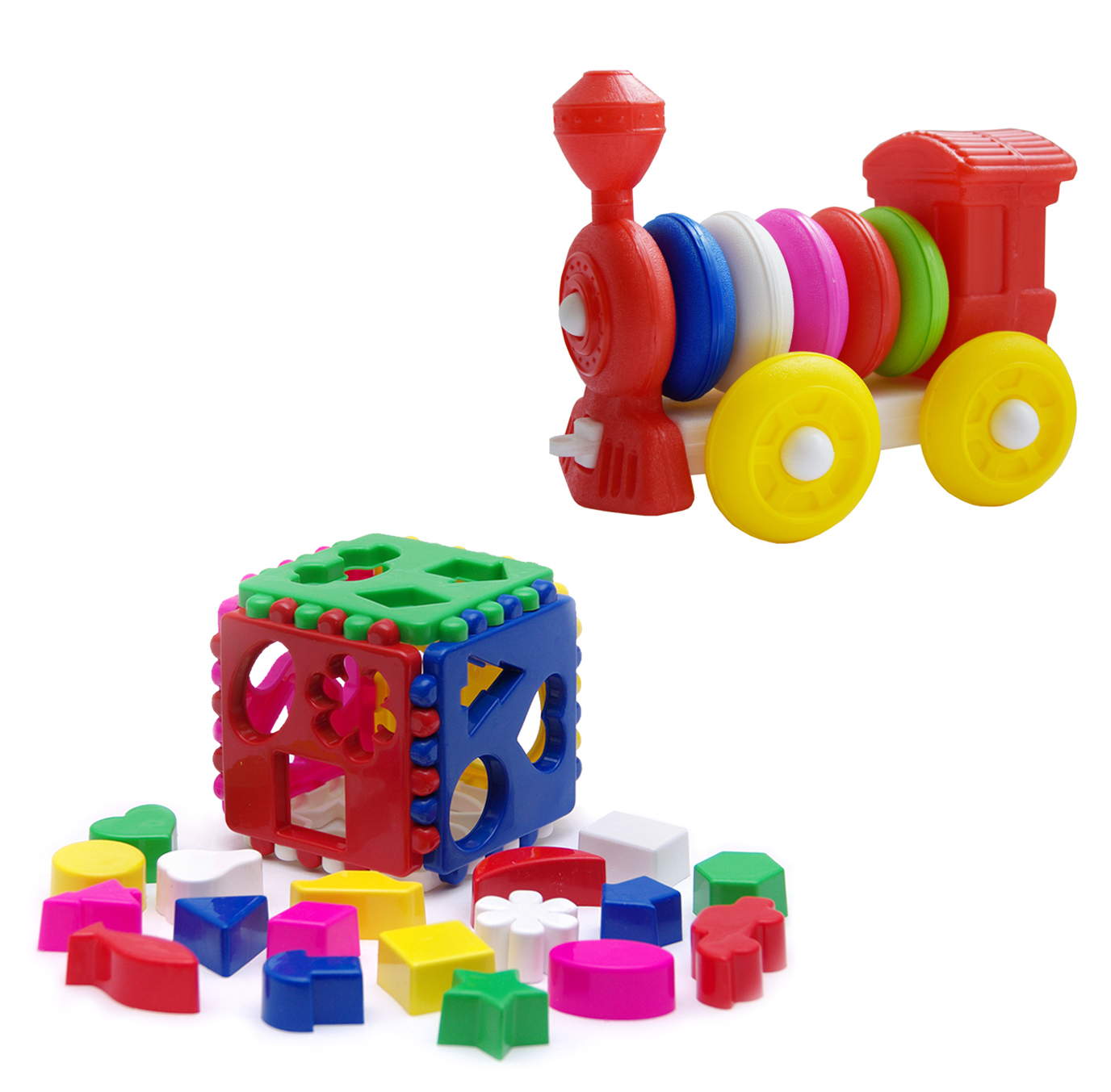 фото Развивающие игрушки karolina toys кубик логический большой+конструктор-каталка+паровозик