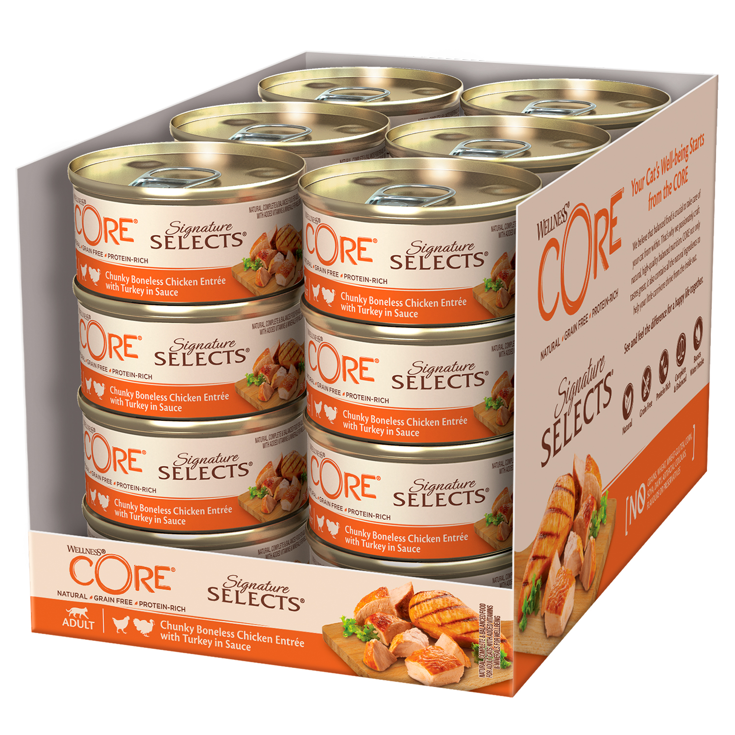

Влажный корм для кошек CORE SIGNATURE SELECTS курица с индейкой, фарш в соусе, 24шт по 79г