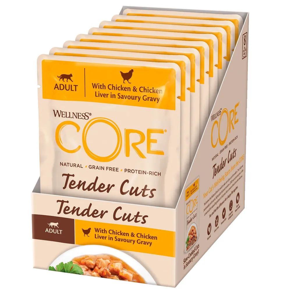 Влажный корм для кошек Wellness CORE TENDER CUTS, курица и печень в соусе, 8шт по 85г