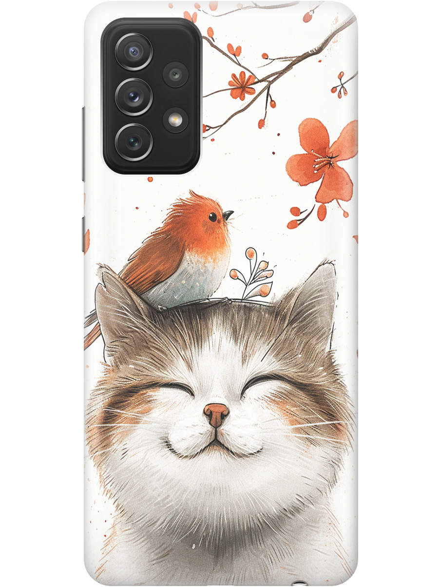 

Силиконовый чехол на Samsung Galaxy A72 с принтом "Довольный котик и птичка", Прозрачный;белый;красный, 724990211