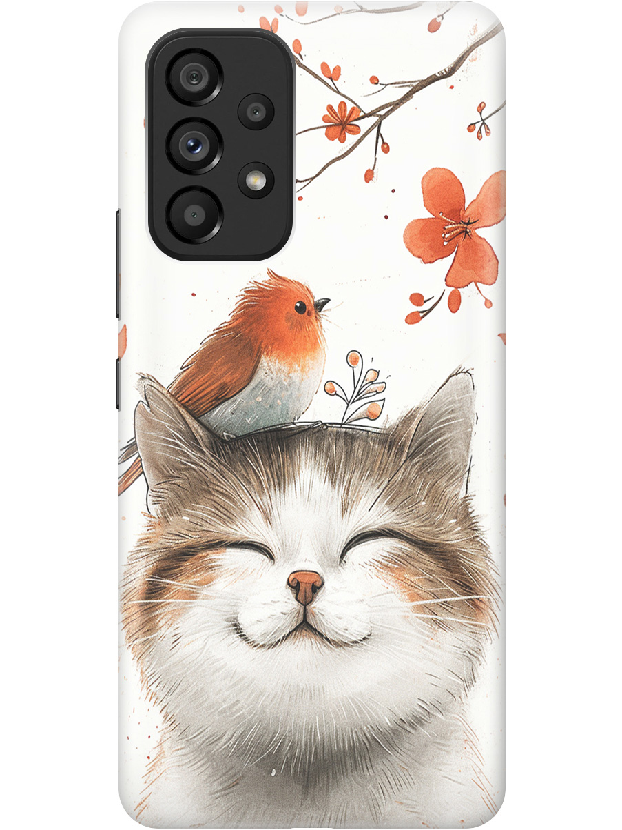 

Силиконовый чехол на Samsung Galaxy A53 5G с принтом "Довольный котик и птичка", Прозрачный;белый;красный, 740133011