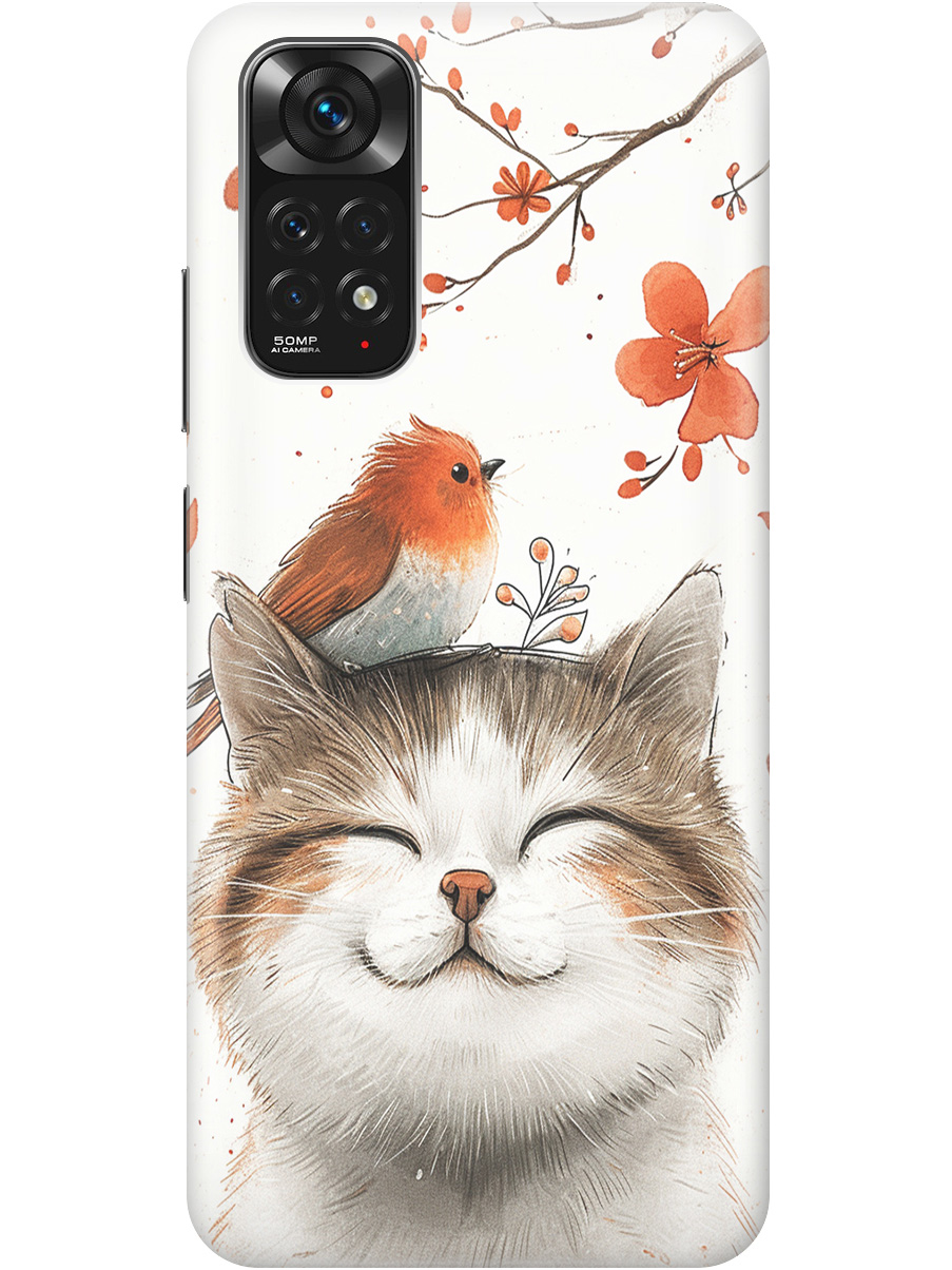 

Силиконовый чехол на Xiaomi Redmi Note 11 / Note 11S с принтом "Довольный котик и птичка", Прозрачный;белый;красный, 735250211