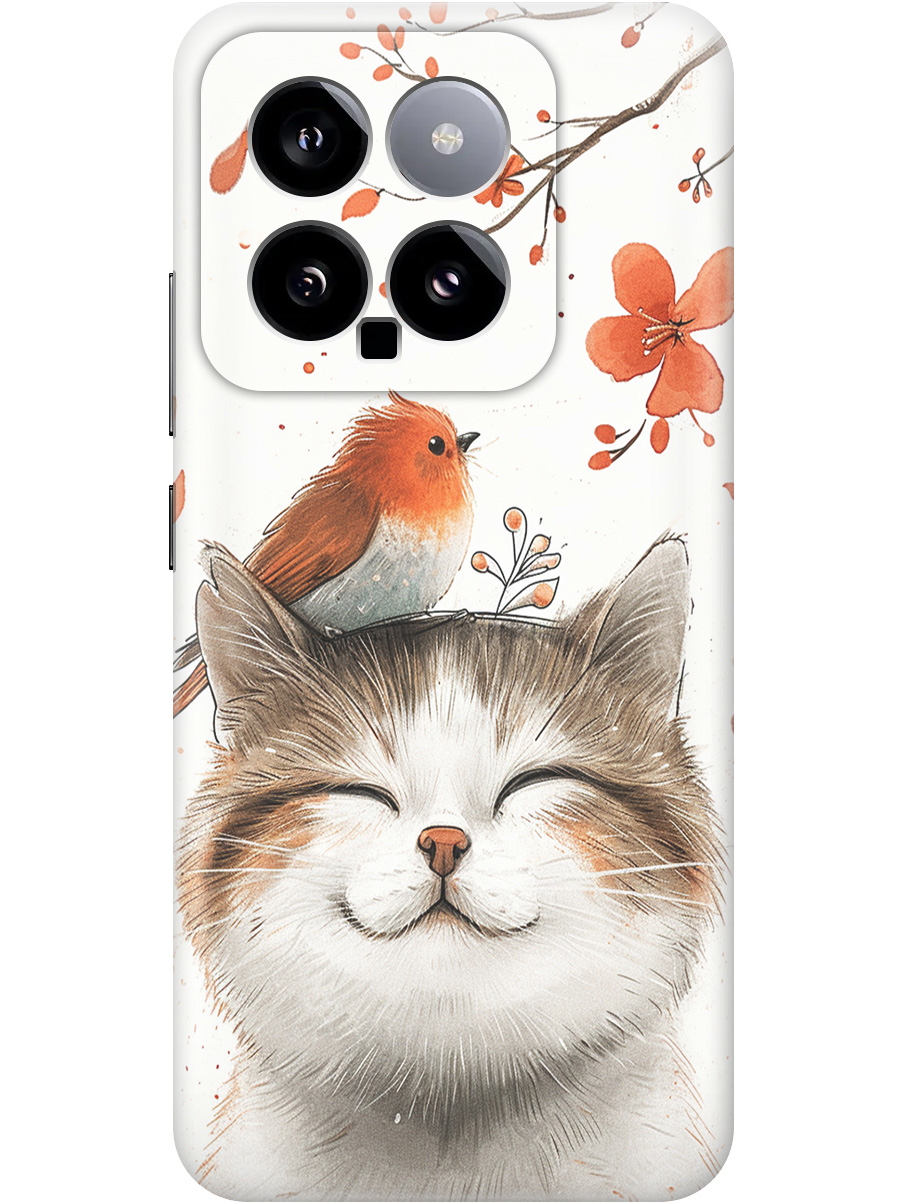 

Силиконовый чехол на Xiaomi 14 с принтом "Довольный котик и птичка", Прозрачный;белый;красный, 777769911