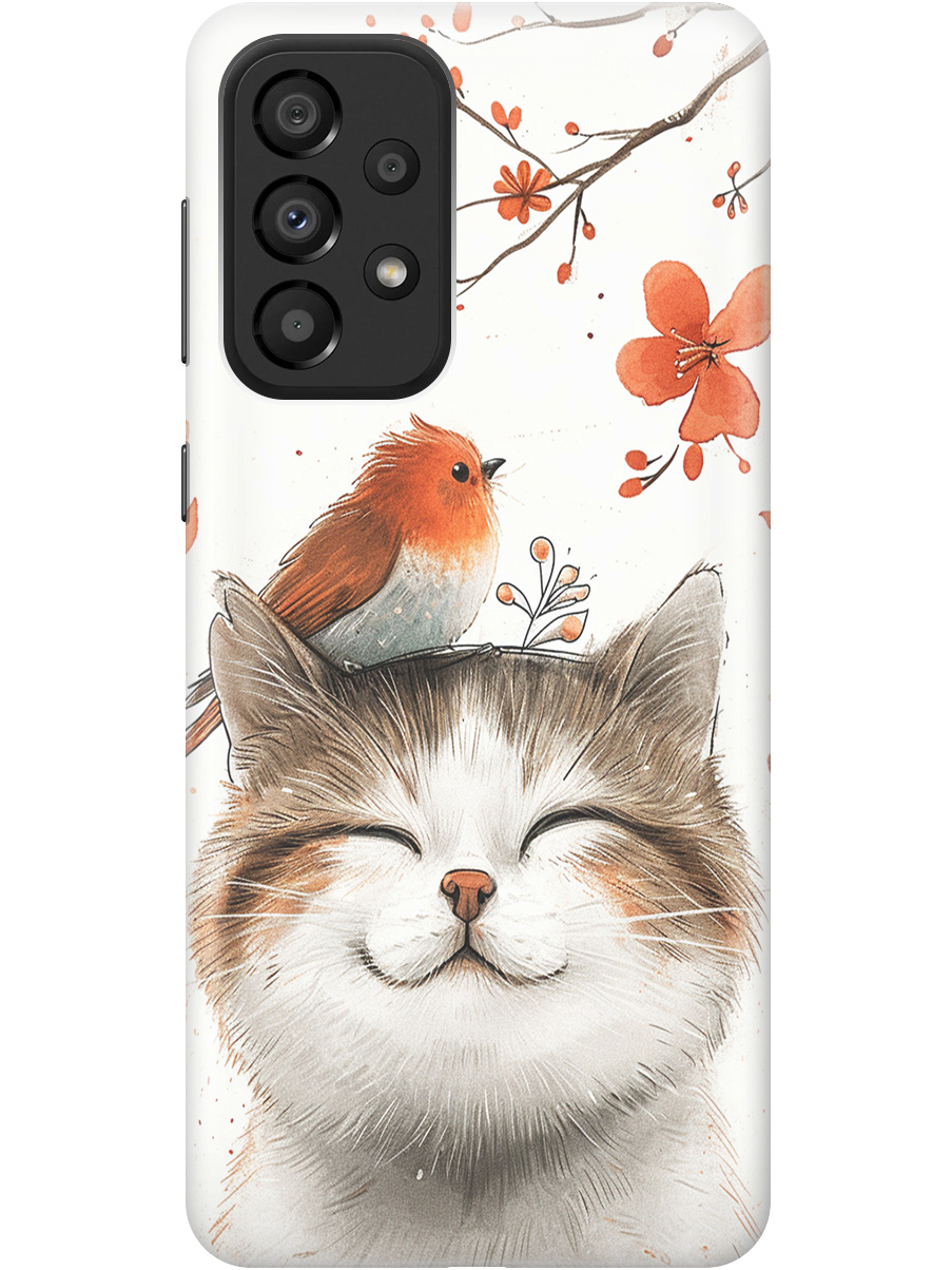 

Силиконовый чехол на Samsung Galaxy A33 5G с принтом "Довольный котик и птичка", Прозрачный;белый;красный, 740132911
