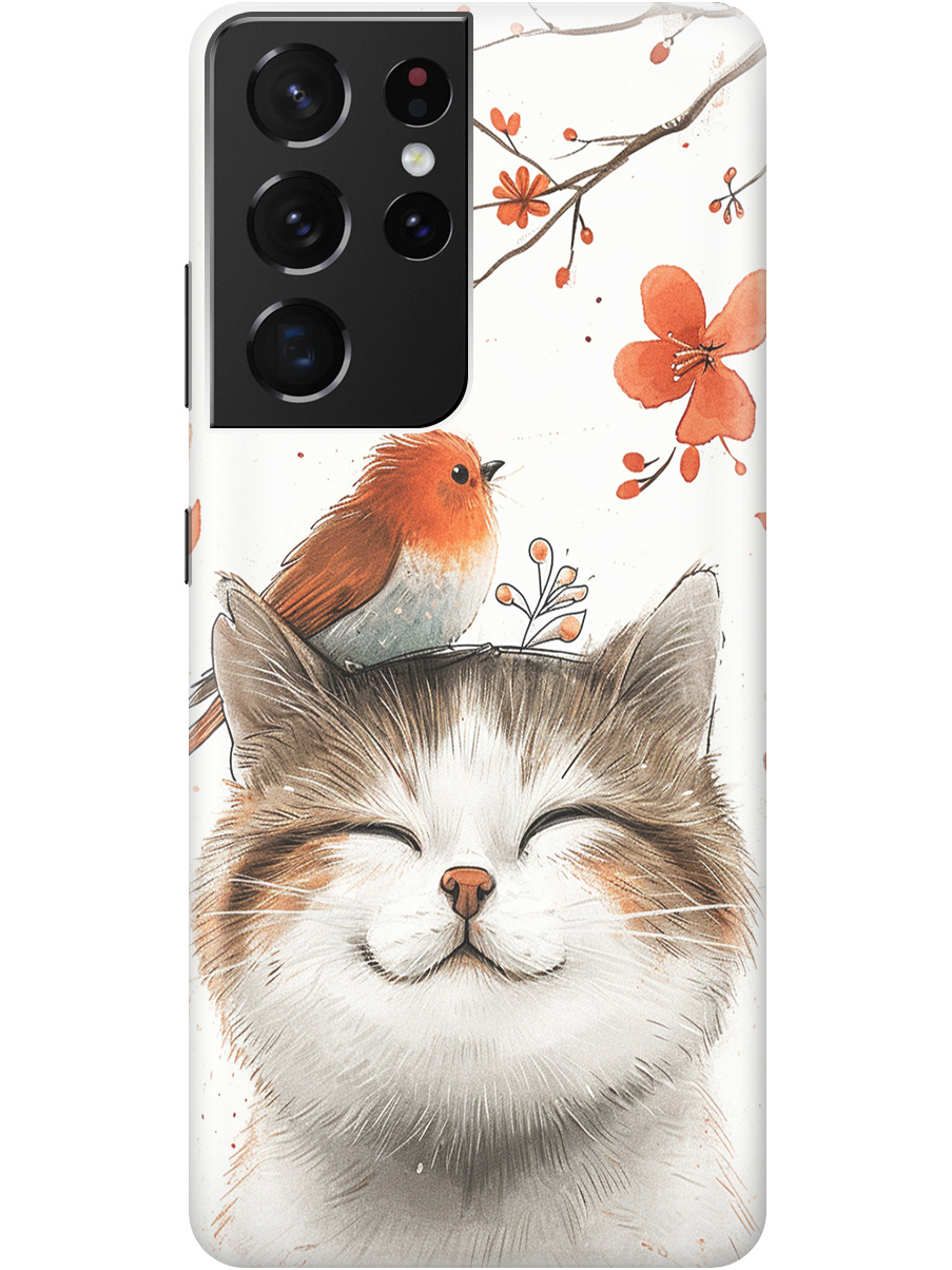 

Силиконовый чехол на Samsung Galaxy S21 Ultra с принтом "Довольный котик и птичка", Прозрачный;белый;красный, 724127611