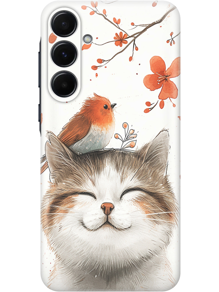 

Силиконовый чехол на Samsung Galaxy A35 с принтом "Довольный котик и птичка", Прозрачный;белый;красный, 780484311