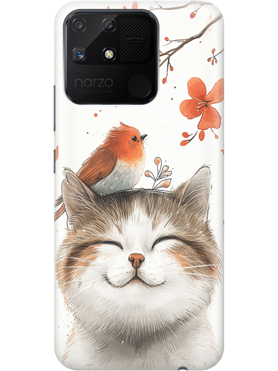 

Силиконовый чехол на Realme narzo 50A с принтом "Довольный котик и птичка", Прозрачный;белый;красный, 740189911