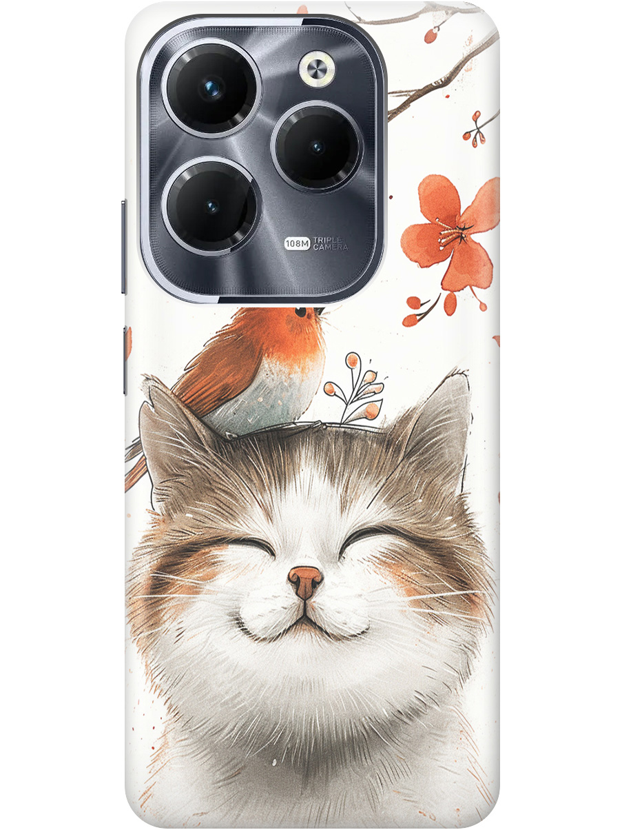 

Силиконовый чехол на Infinix Hot 40 / Hot 40 Pro с принтом "Довольный котик и птичка", Прозрачный;белый;красный, 778679211