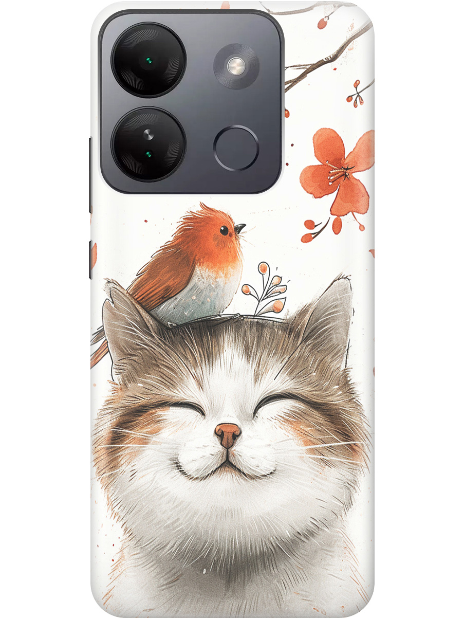 

Силиконовый чехол на Infinix Smart 7 HD с принтом "Довольный котик и птичка", Прозрачный;белый;красный, 769392011