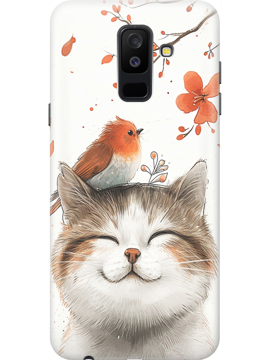 

Силиконовый чехол на Samsung Galaxy A6+ (2018) с принтом "Довольный котик и птичка", Прозрачный;белый;красный, 717872111