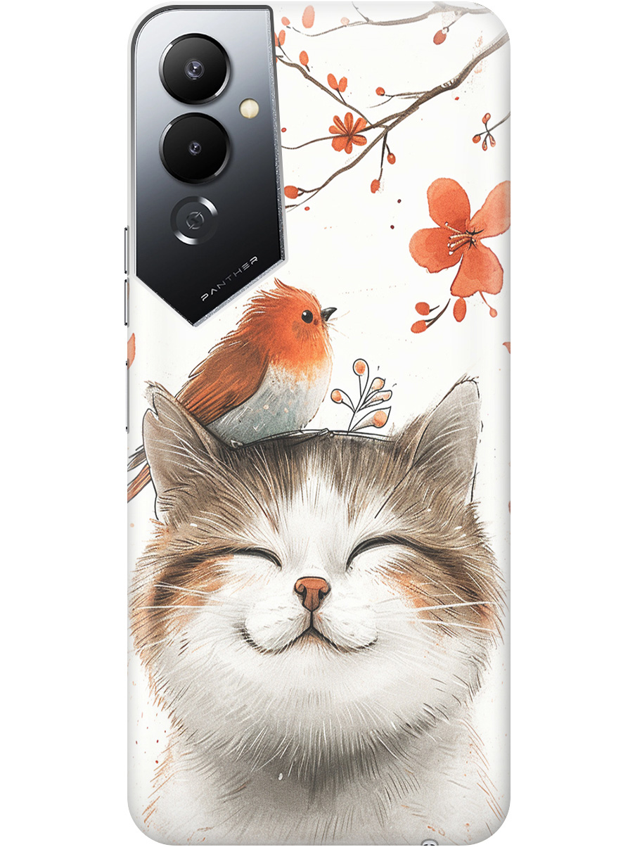 

Силиконовый чехол на Tecno Pova 4 с принтом "Довольный котик и птичка", Прозрачный;белый;красный, 762091411