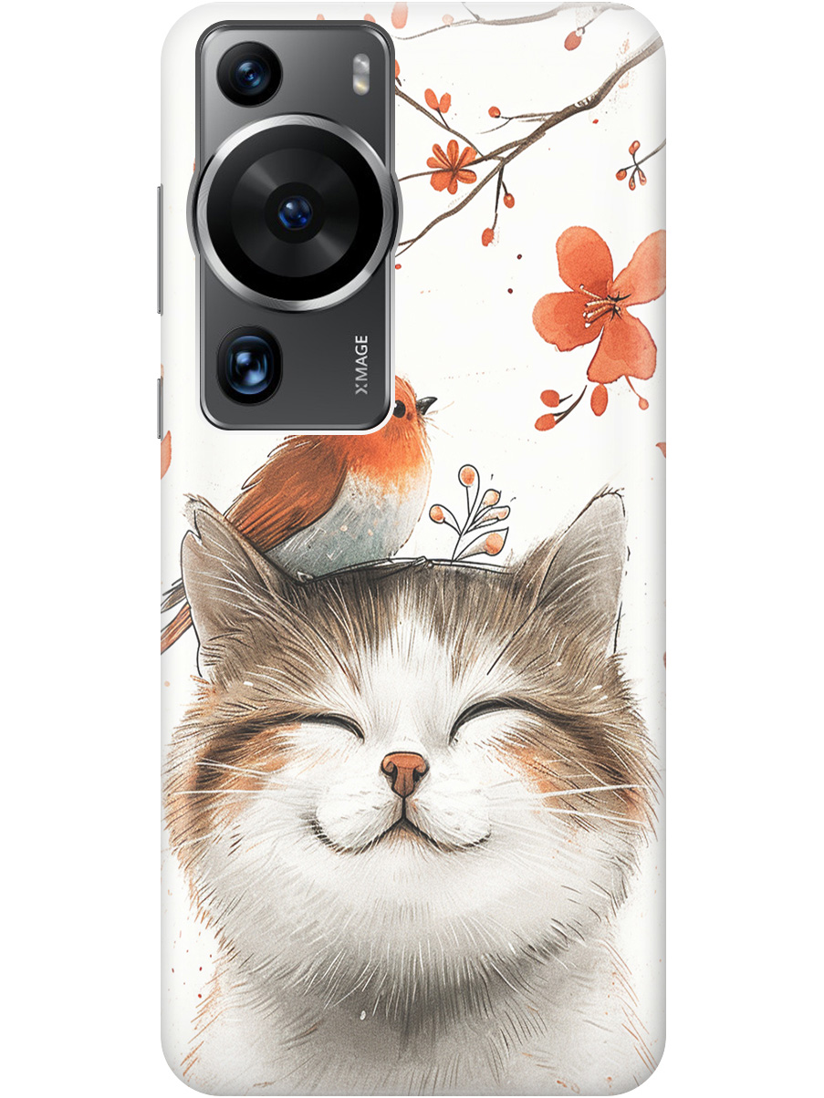 

Силиконовый чехол на Huawei P60 Pro с принтом "Довольный котик и птичка", Прозрачный;белый;красный, 772620811