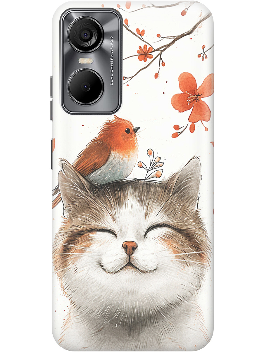 

Силиконовый чехол на Tecno Pop 6 Pro с принтом "Довольный котик и птичка", Прозрачный;белый;красный, 757013011