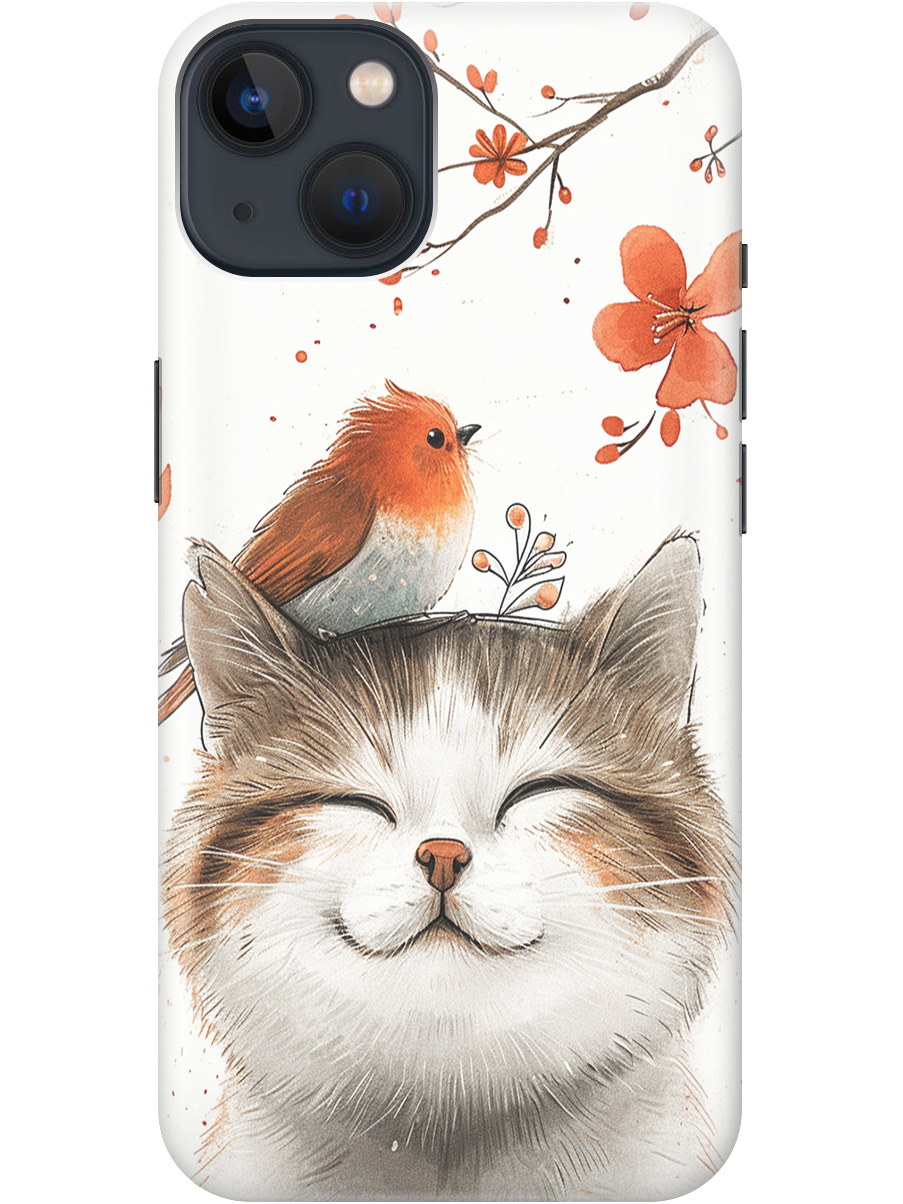 

Силиконовый чехол на Apple iPhone 14 с принтом "Довольный котик и птичка", Прозрачный;белый;красный, 745400511