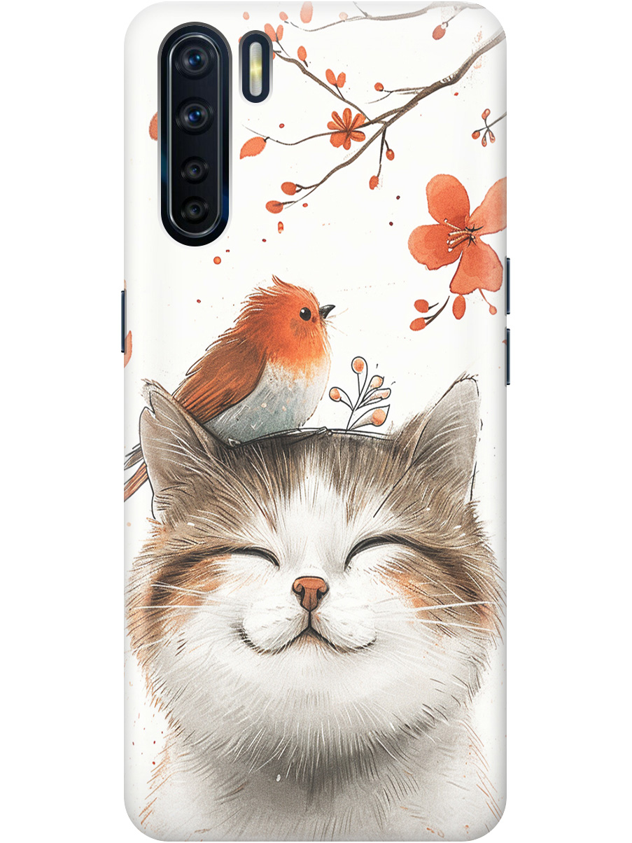 

Силиконовый чехол на OPPO A91 / Reno3 с принтом "Довольный котик и птичка", 726148811