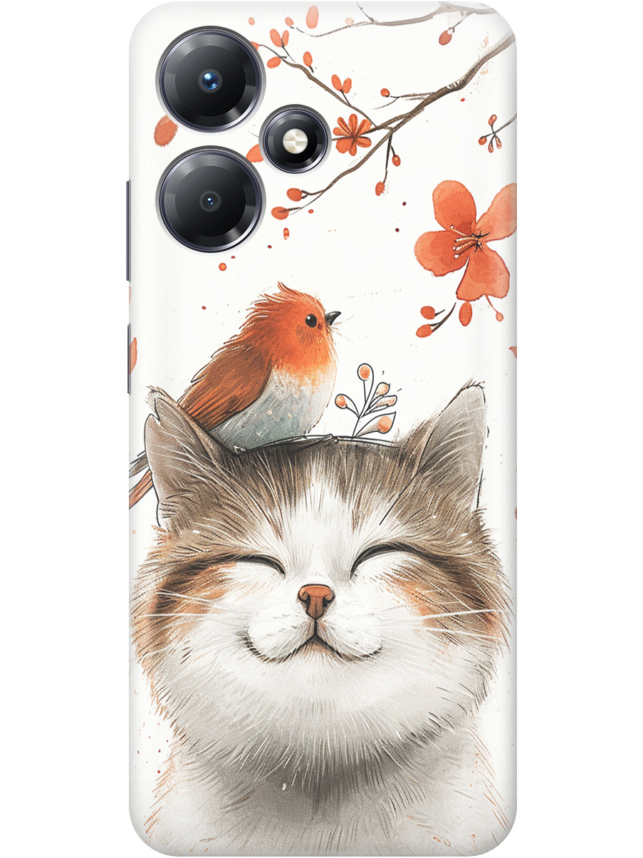 

Силиконовый чехол на Infinix Hot 30 Play с принтом "Довольный котик и птичка", Прозрачный;белый;красный, 773941011