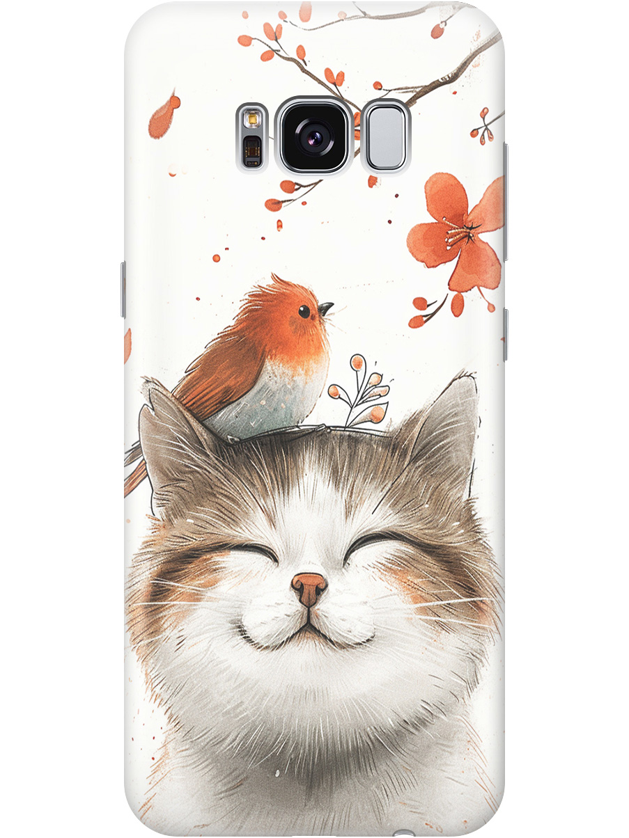 

Силиконовый чехол на Samsung Galaxy S8 с принтом "Довольный котик и птичка", Прозрачный;белый;красный, 713984511