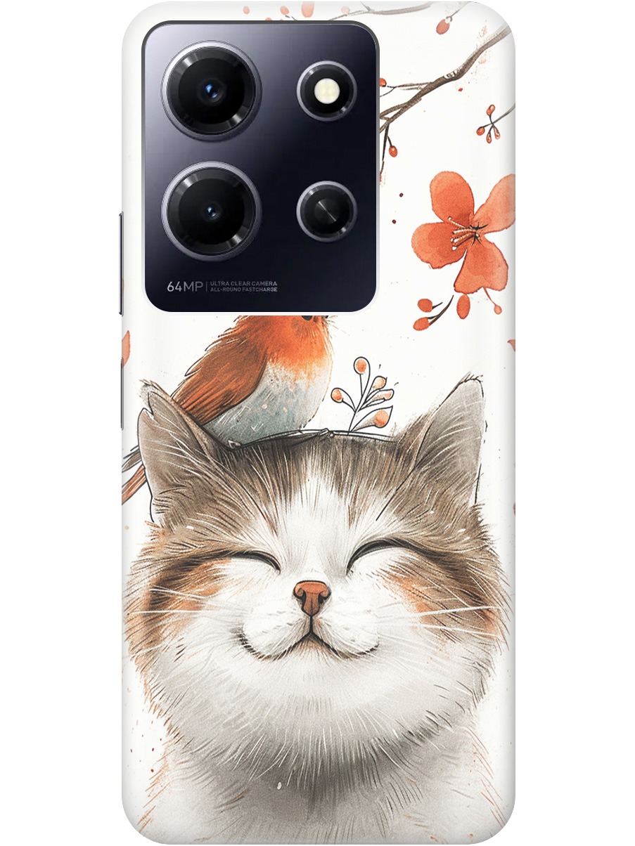 

Силиконовый чехол на Infinix Note 30i с принтом "Довольный котик и птичка", Прозрачный;белый;красный, 772564211
