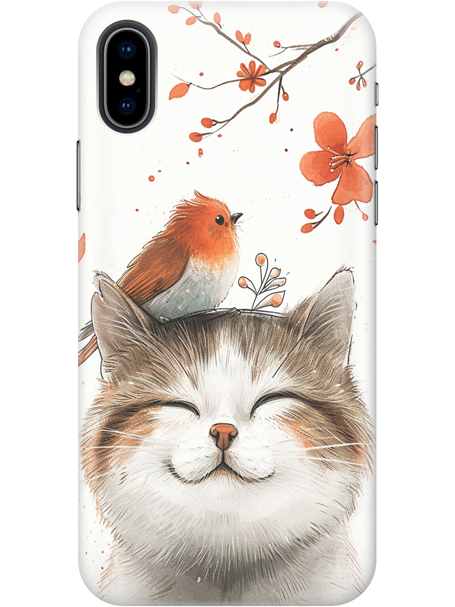 

Силиконовый чехол на Apple iPhone Xs / X с принтом "Довольный котик и птичка", Прозрачный;белый;красный, 715365411