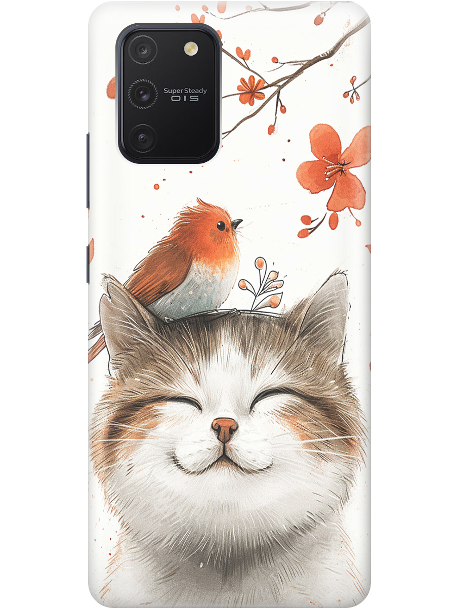 

Силиконовый чехол на Samsung Galaxy S10 Lite с принтом "Довольный котик и птичка", Прозрачный;белый;красный, 722694711