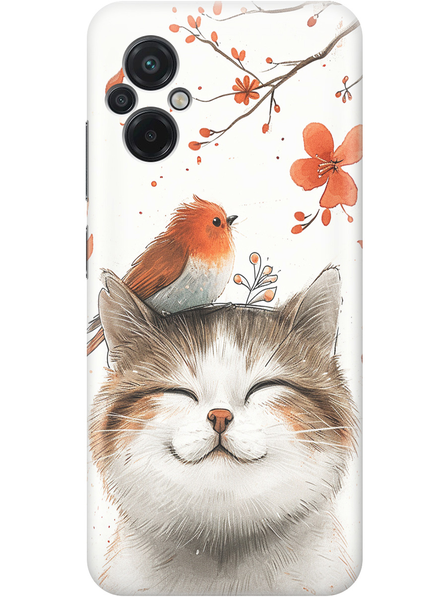 

Силиконовый чехол на Xiaomi Poco M5 с принтом "Довольный котик и птичка", Прозрачный;белый;красный, 745400911