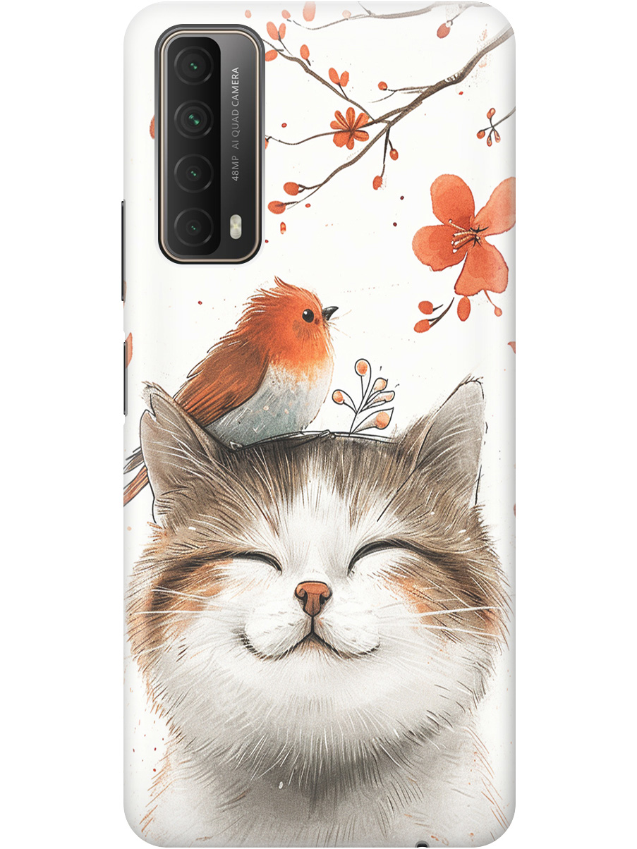

Силиконовый чехол на Huawei P Smart (2021) с принтом "Довольный котик и птичка", Прозрачный;белый;красный, 723603011