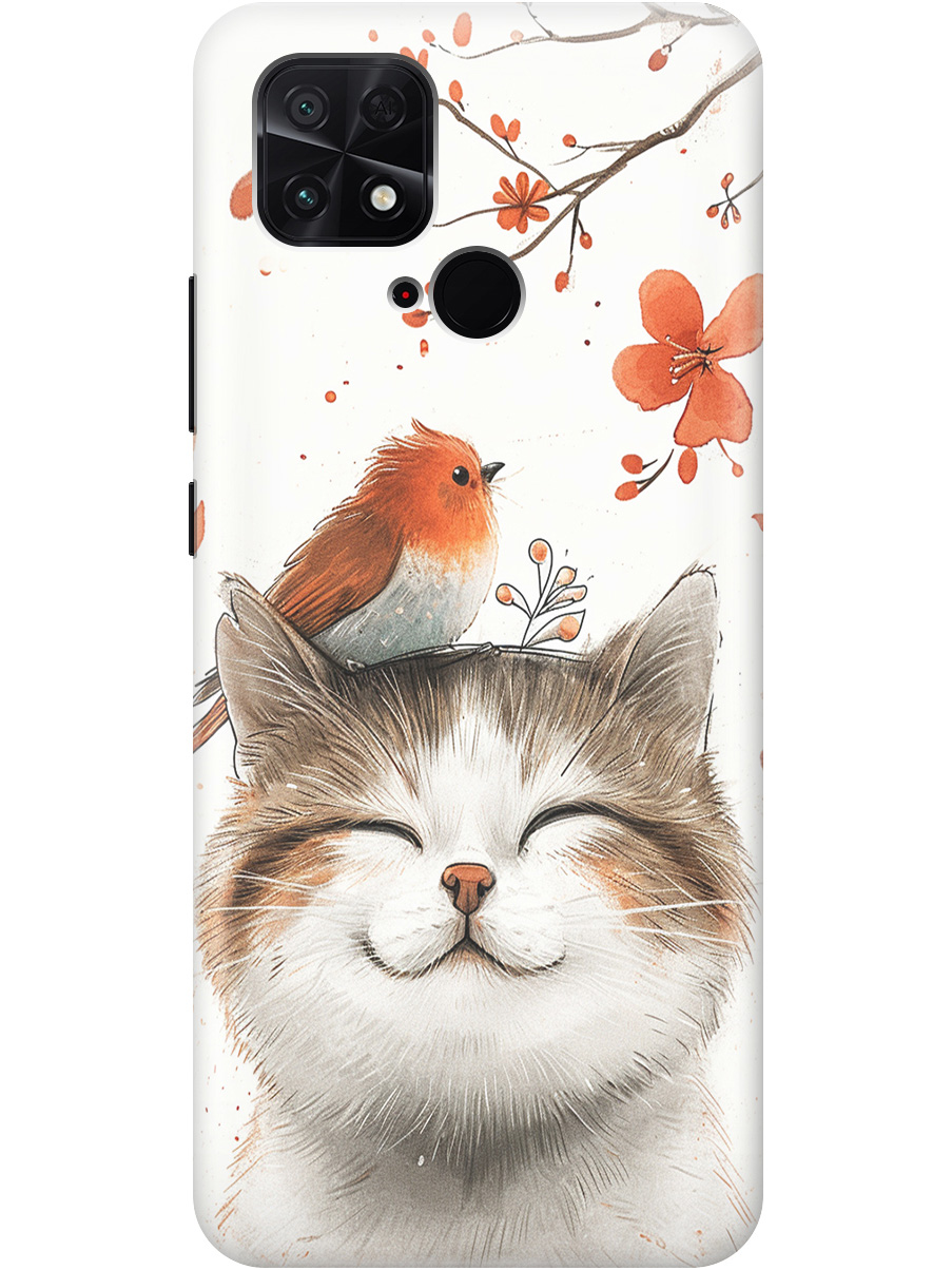 

Силиконовый чехол на Xiaomi Poco C40 с принтом "Довольный котик и птичка", Прозрачный;белый;красный, 740187911