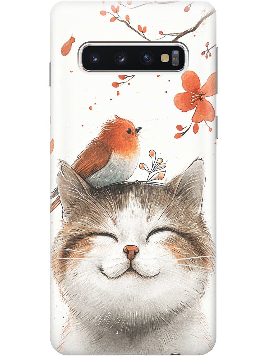 

Силиконовый чехол на Samsung Galaxy S10 с принтом "Довольный котик и птичка", Прозрачный;белый;красный, 720461311