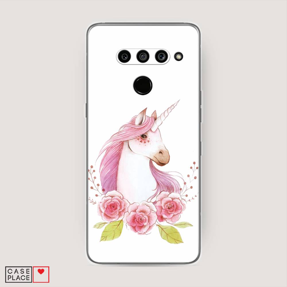 

Чехол на LG V50 ThinQ "Единорог цветы", Белый;розовый;серый, 83850-1