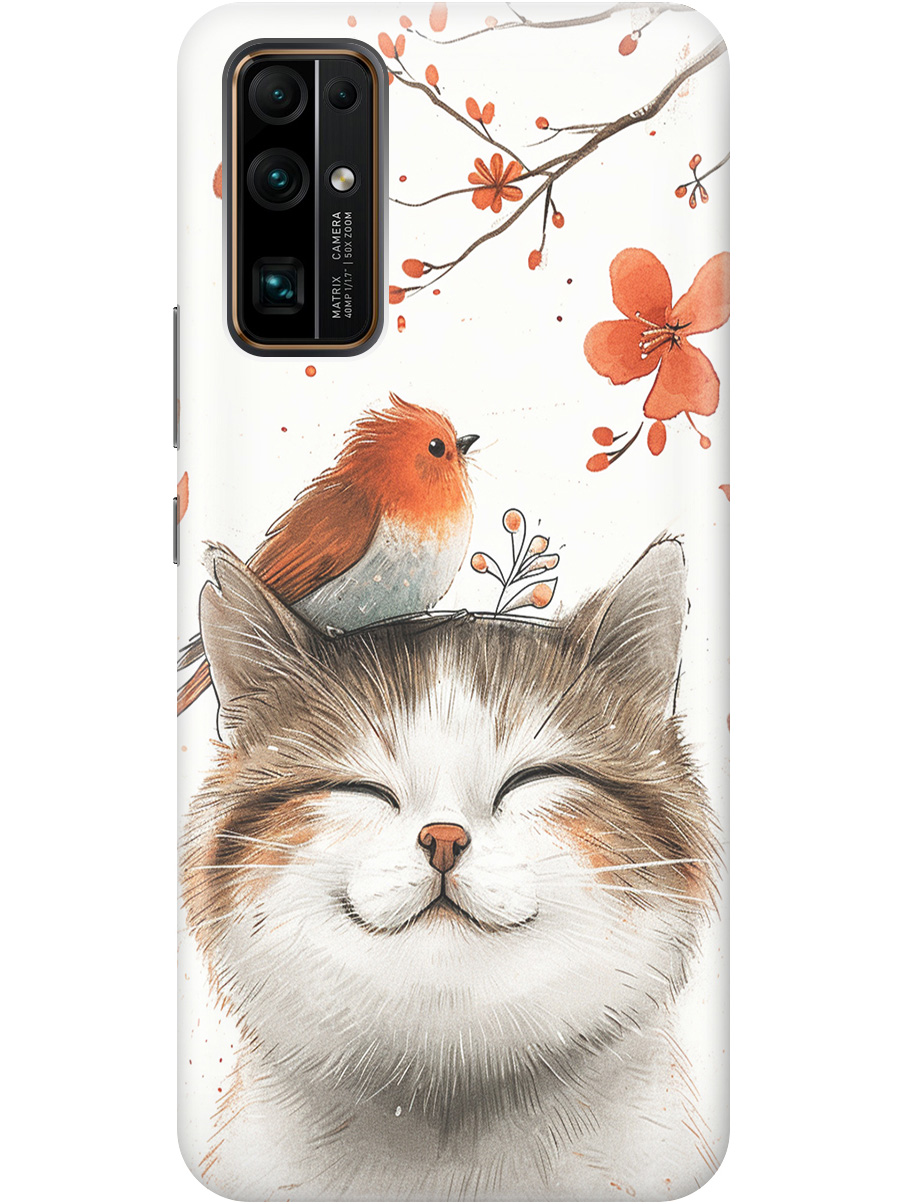 

Силиконовый чехол на Honor 30 с принтом "Довольный котик и птичка", Прозрачный;белый;красный, 722945811