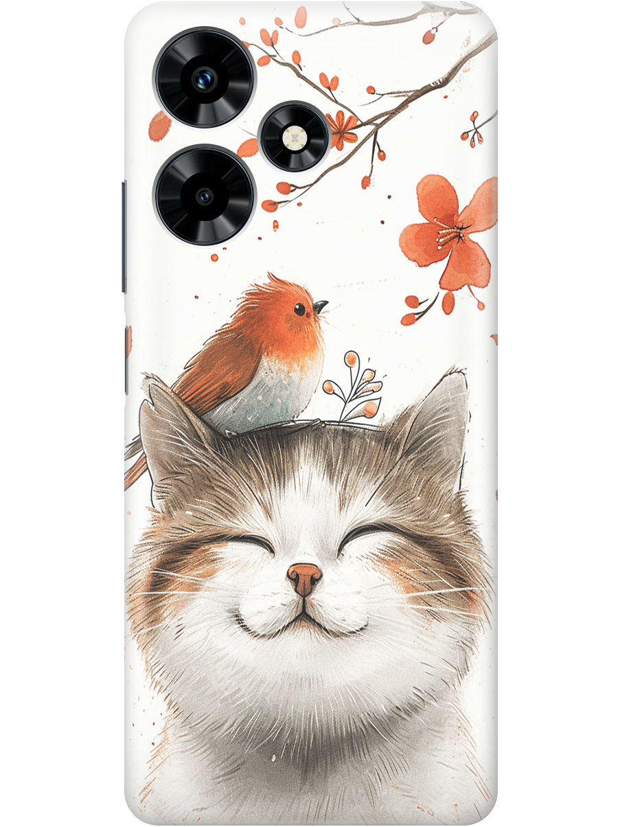 

Силиконовый чехол на Infinix Hot 30 с принтом "Довольный котик и птичка", Прозрачный;белый;красный, 773940111