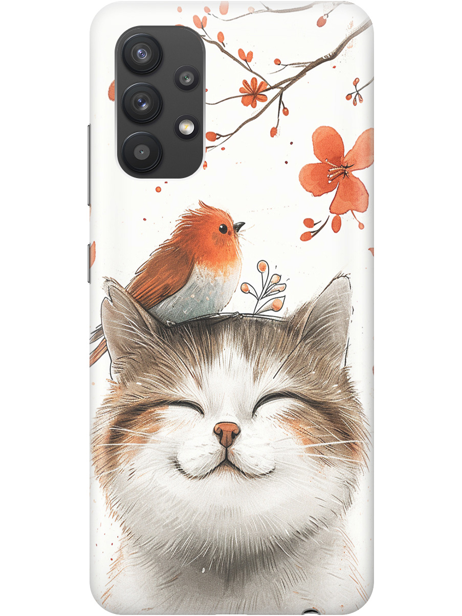 

Силиконовый чехол на Samsung Galaxy A32 с принтом "Довольный котик и птичка", Прозрачный;белый;красный, 724352011