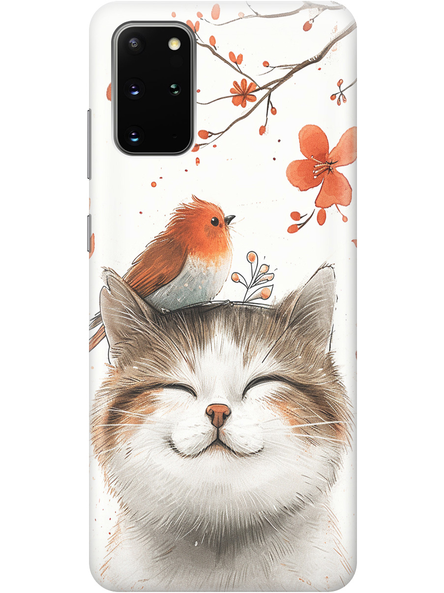 

Силиконовый чехол на Samsung Galaxy S20+ с принтом "Довольный котик и птичка", Прозрачный;белый;красный, 722628511
