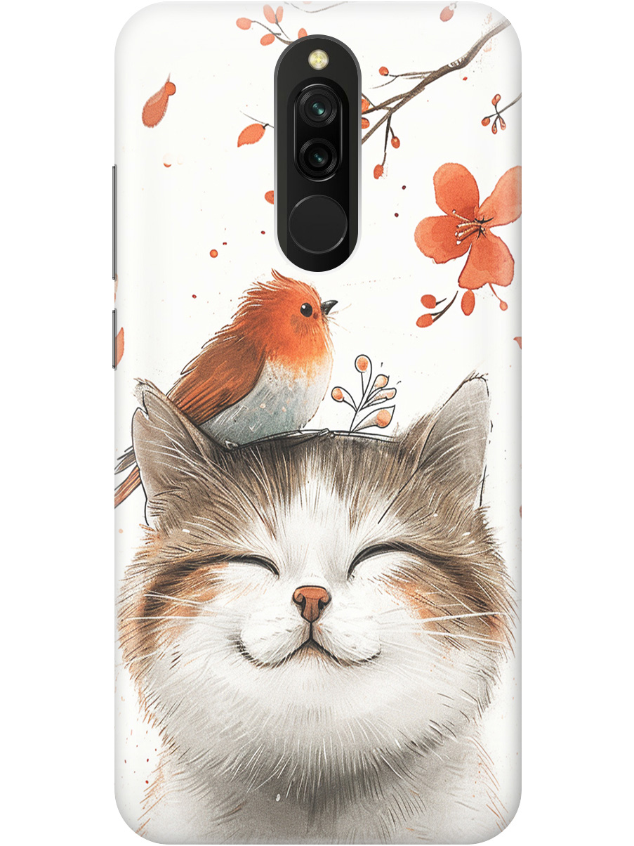 

Силиконовый чехол на Xiaomi Redmi 8 с принтом "Довольный котик и птичка", Прозрачный;белый;красный, 722204511