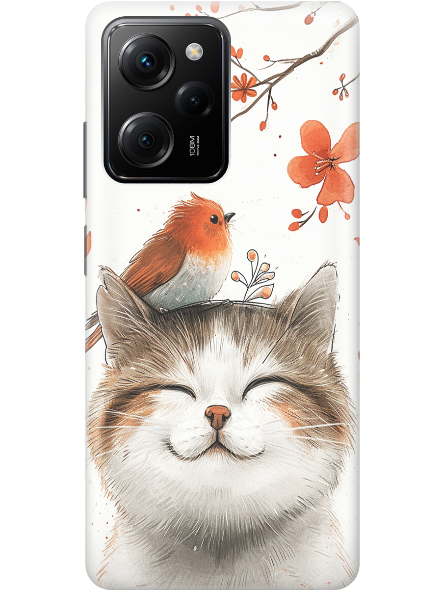 

Силиконовый чехол на Xiaomi Poco X5 Pro 5G с принтом "Довольный котик и птичка", Прозрачный;белый;красный, 767959711